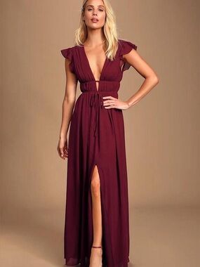 Lulu's Burgundy Deep V Maxi Dress with Front Slit